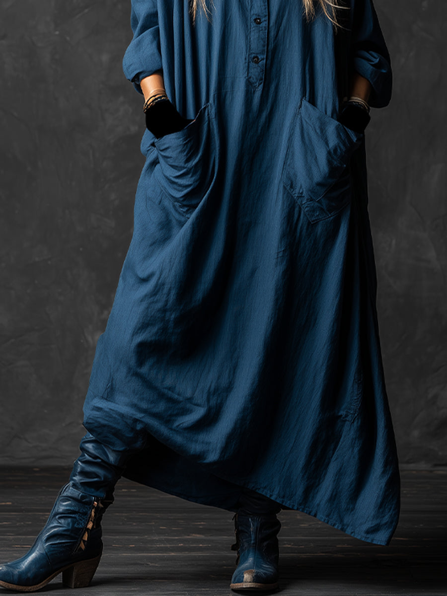 Women's Navy Blue Linen-Blend Bohemian Dress With Oversized Silhouette & Statement Pockets, Artistic Casual Style Dress MDA0411K0I