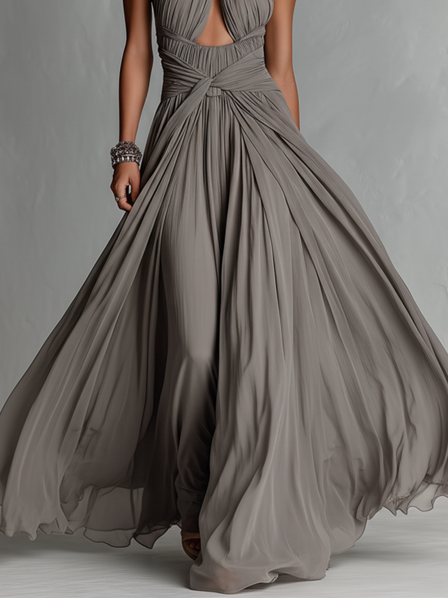 Women's Grey Chiffon Dress With Halter Neck & Keyhole Cutout, Timeless Sexy-Elegant Style Dress MDZ2577B0I