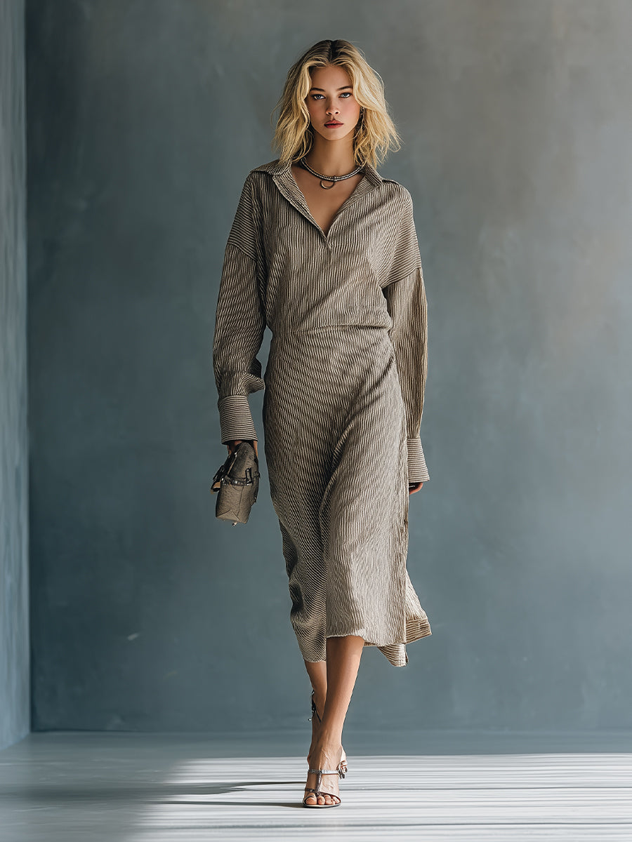 Women's Taupe Striped Chic Cotton - Blend Shirt Midi Dress MDA1152H9I