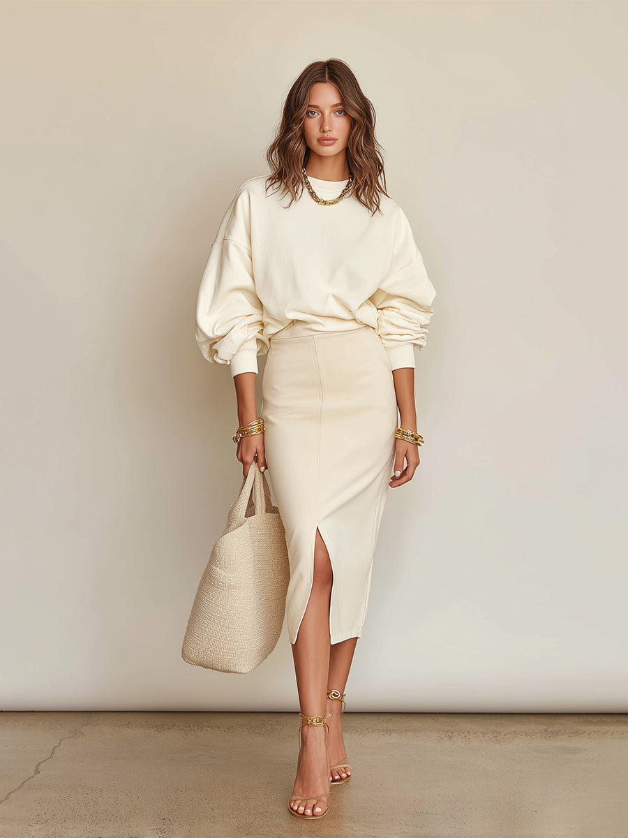 Women's Creamy White Cotton-Blend Elegant Set With Puff-Sleeve Sweatshirt & Side-Slit Midi Skirt, Chic Casual Style Set MDA0372K4I