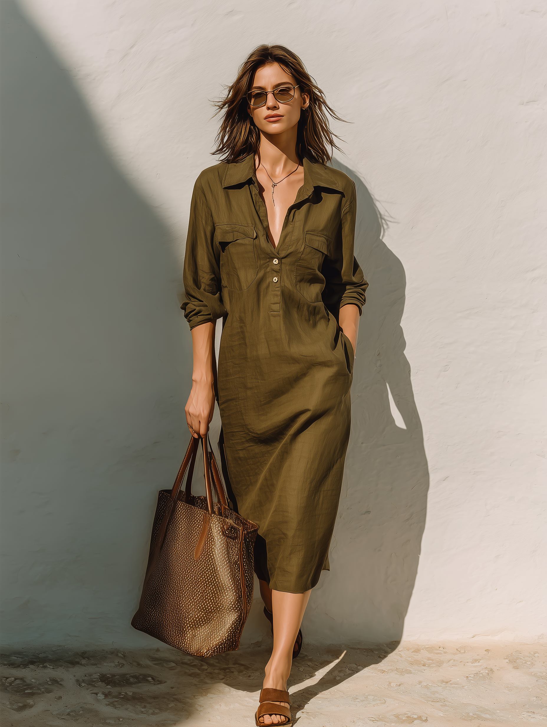 Women's Fashionable Casual Military Green Long-sleeved Shirt Dress With Button-down Collar, Mid-length Loose Fit MDA2119K1AN