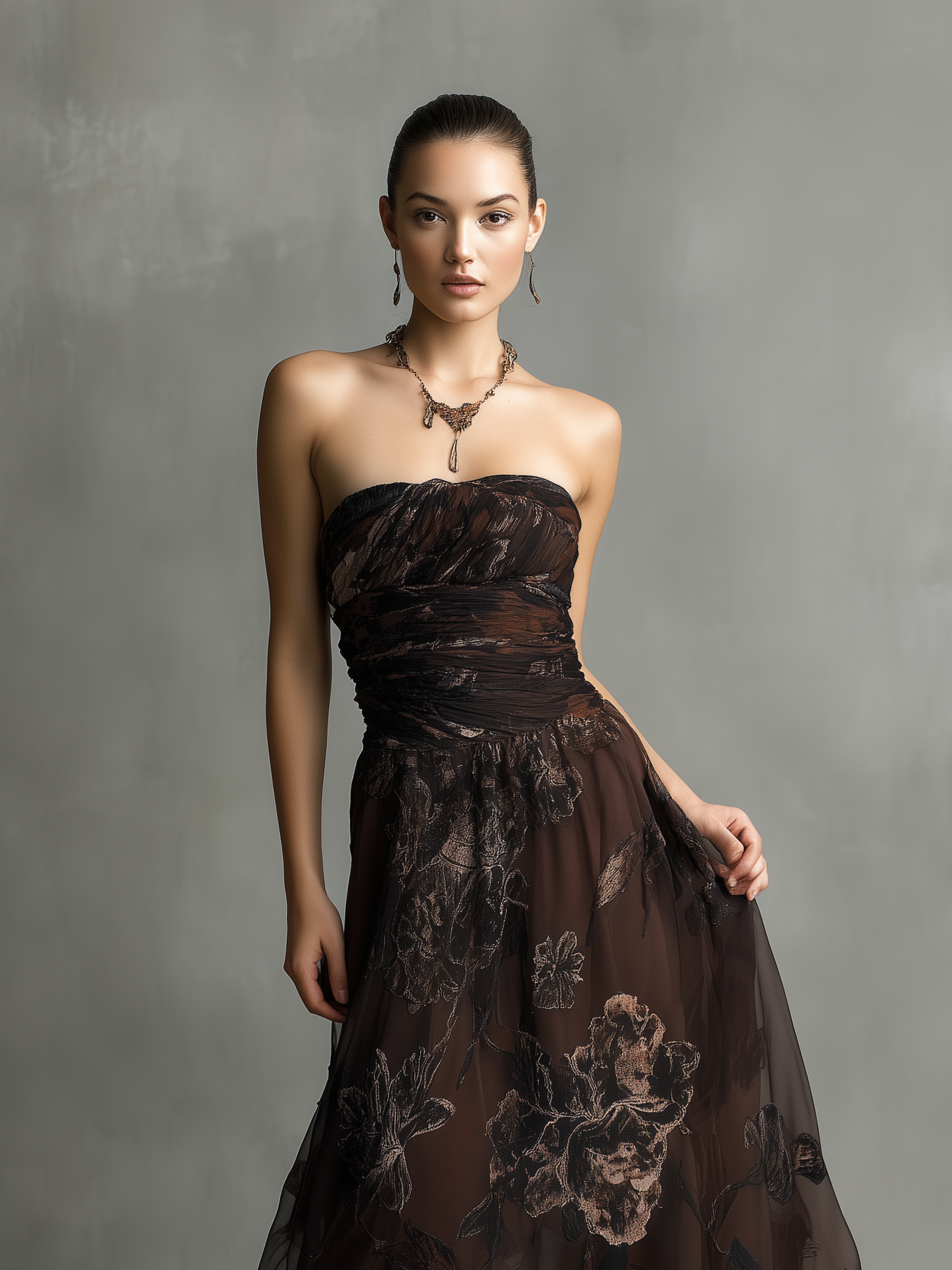 Women's Elegant Brown Printed Chiffon Strapless Sleeveless Long Dress MDZ1305B0AN