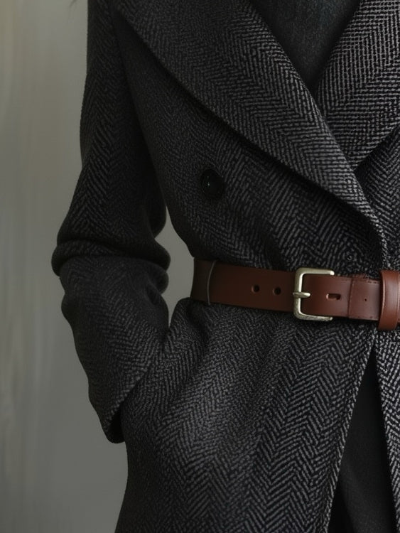 Women's Double-breasted Coat With Subtle Pattern And Contrasting Color Belt MDA0447K0AN