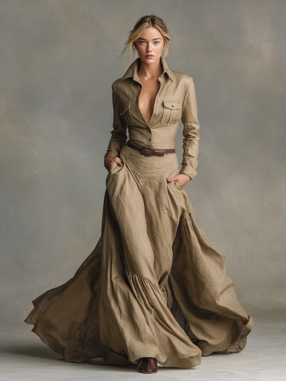 Women's Cotton And Linen Blend Long-sleeved Floor-length Shirt Maxi Dress MDA3050G7Y