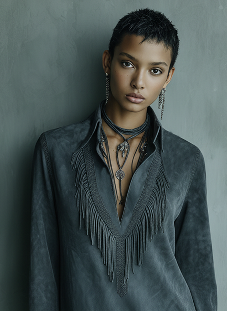 Women's Straight-cut Faux Suede Hem With Tassel Collar Mini Dress MDA0415K7Y