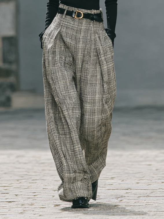 Women's Solid Color Turtleneck Sweater Plaid Wide-Leg Pants Two-Piece Set (Including Belt) MDA3078G7Y
