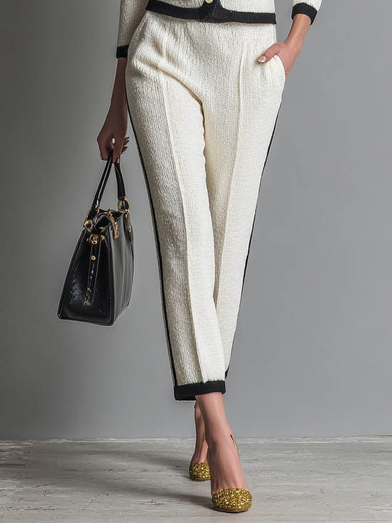Women's Knitted Black Trim Single-Breasted Cardigan Pants Set MDA1545H4Y
