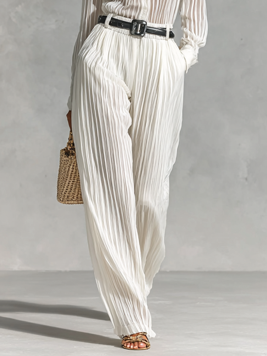 Women's Textured Fabric Long Sleeve Shirt Straight Pants All White Two-piece Set (without belt)MDA1582G3Y