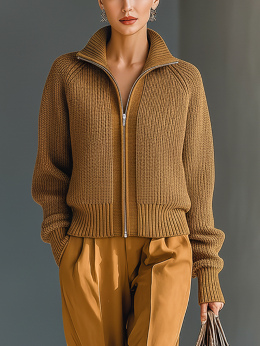 Women's Khaki Knitted Stand Collar Zipper Cardigan MDA1154J7T