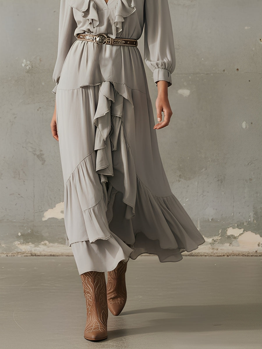 Women's Dusty Gray Silky Woven Dress With Ruffled V-Neck & Belted Waist, Timeless Bohemian Style Dress (without Belt) MDA1201L3I