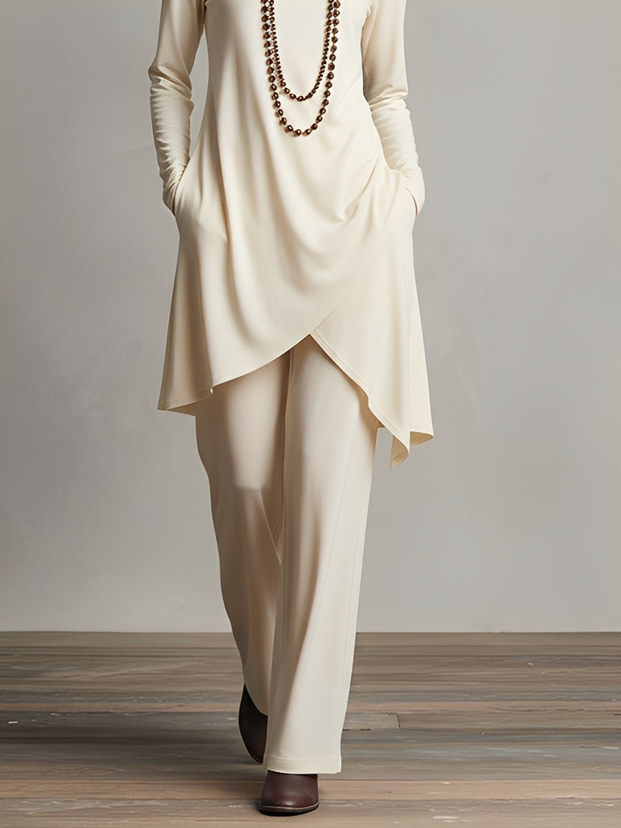 Women's Creamy Ivory Stretchy Woven Set With Turtleneck Top & Asymmetric Hem, Timeless Effortless Style Set MDA1723L0I