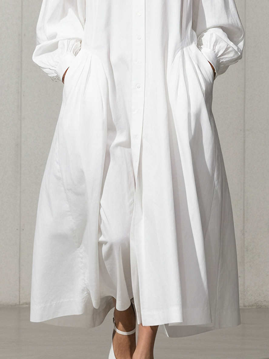 Women's Minimalist Cotton White Shirt-Collar Puff-Sleeve Pocketed Maxi Dress MDA2084L9AU