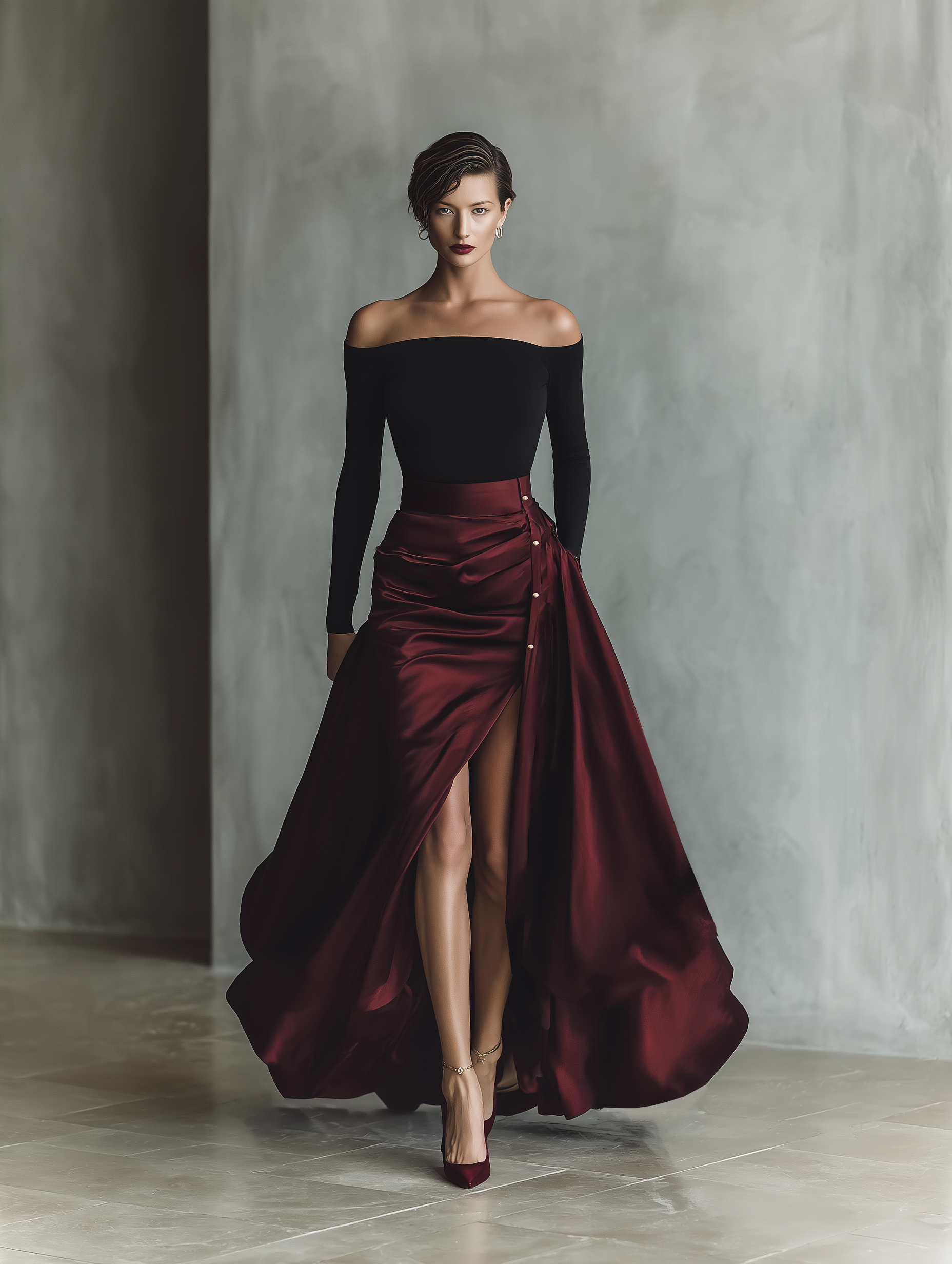 Women's Black Stretchy Knit Fabric Long-Sleeve Off-Shoulder Top & Burgundy Satin Ruched-Slit Maxi Skirt Set MDA1980L6T