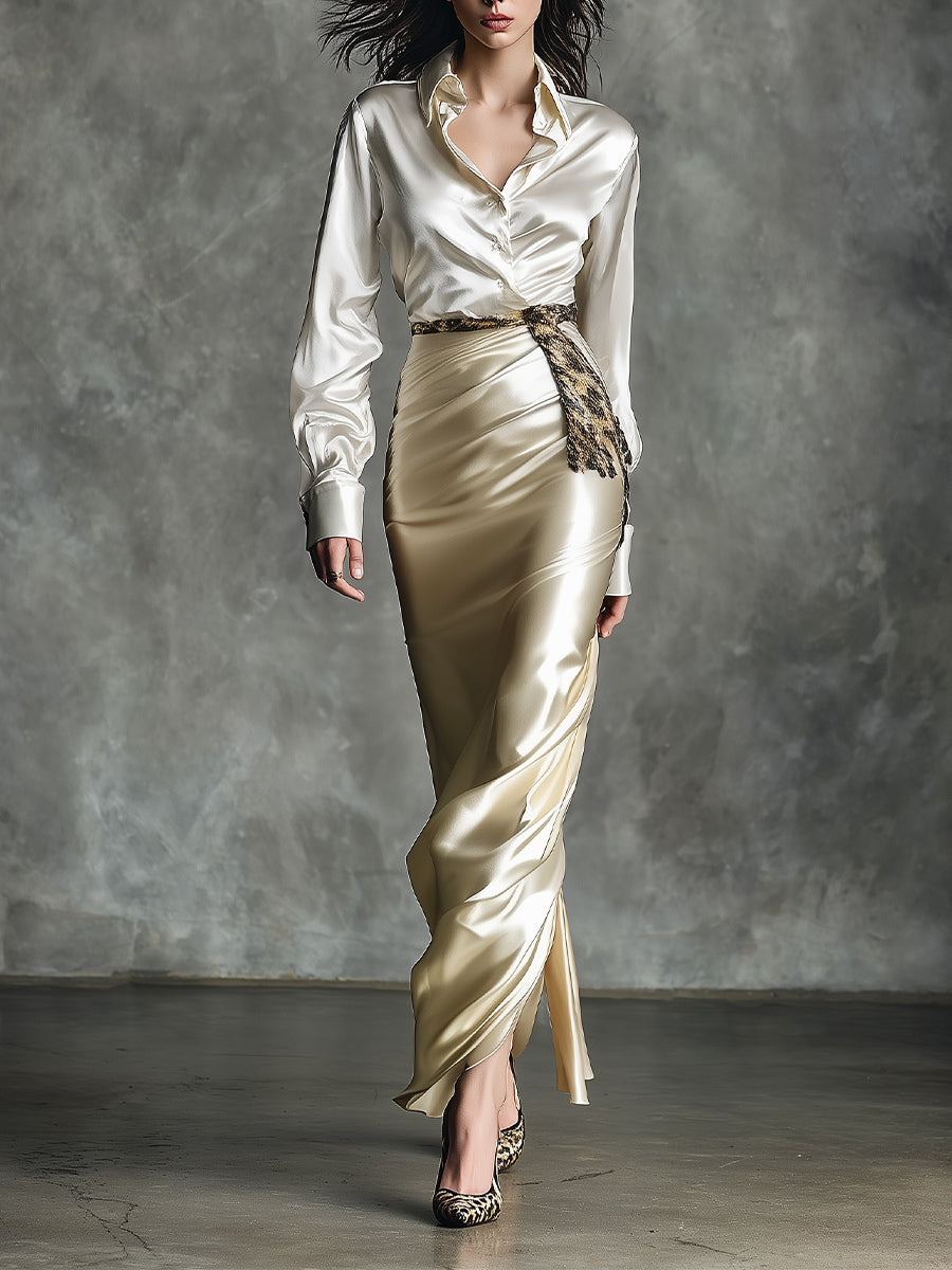 Women's Ivory & Gold Elegant Satin Shirt & Leopard - Belted Midi Skirt Set (Without Belt) MDA2241H0I