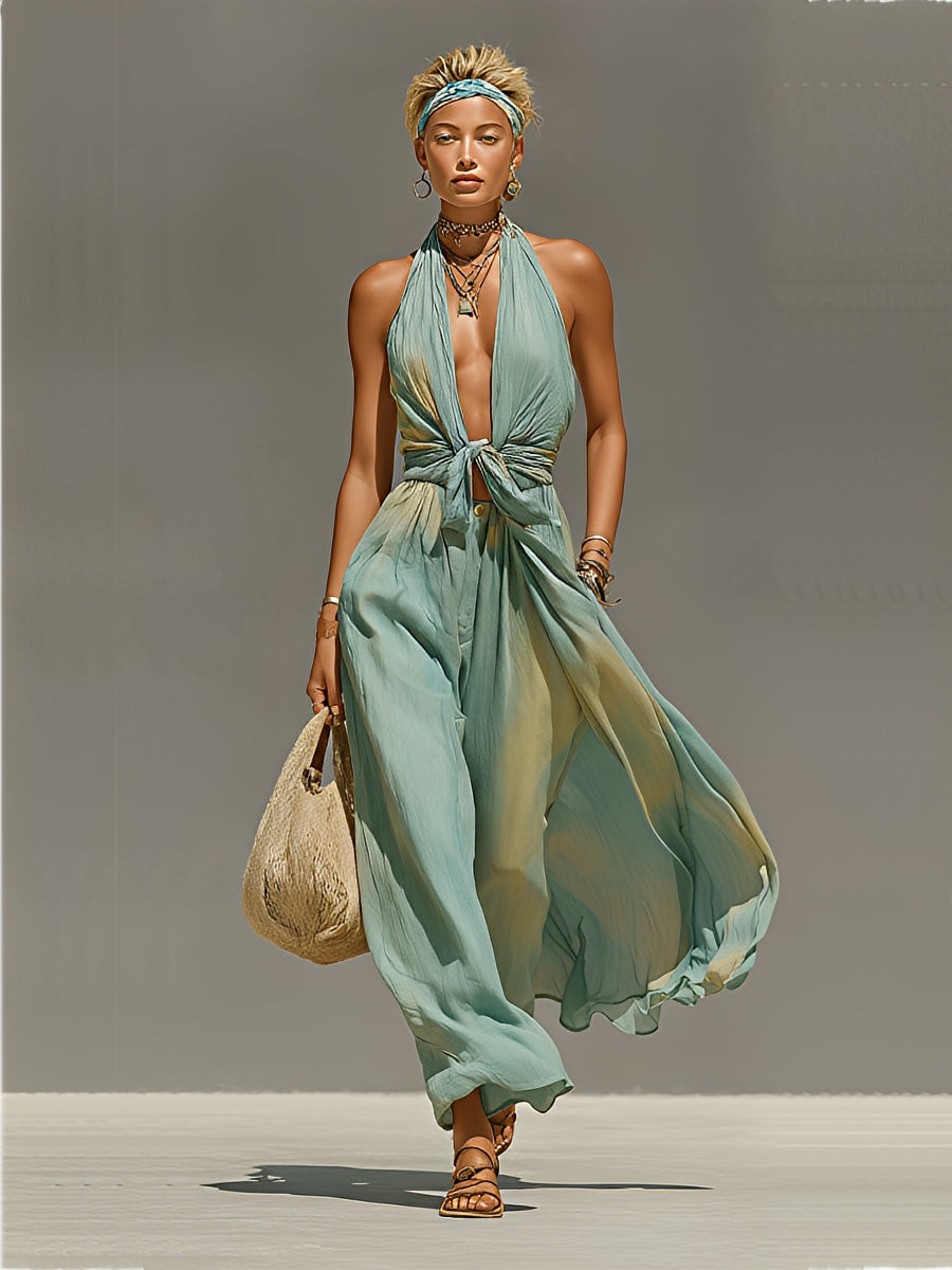 Women's Teal Ombre Jumpsuit With Halter Neck & Knot Ombre Print, Timeless Boho-Chic Style Jumpsuit MDZ1402B8I