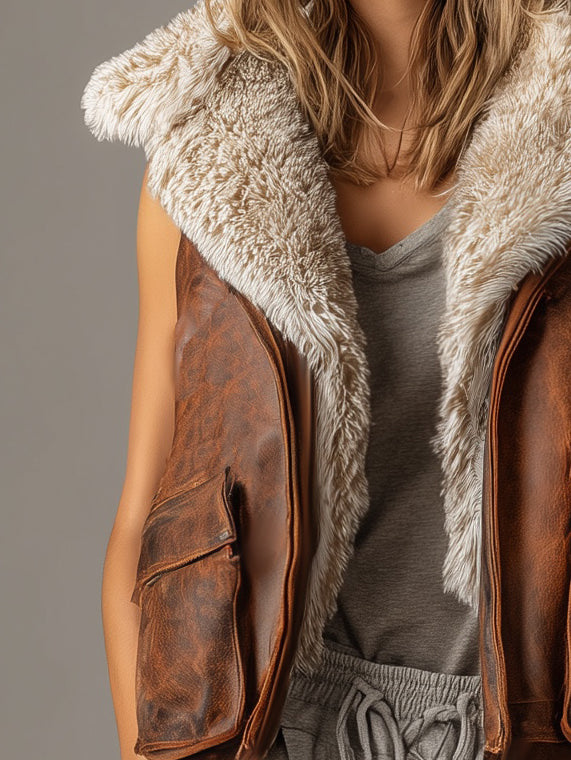 Women's Fashionable, Casual, And Versatile Brown Leather Vest With White Plush Trim On The Collar And Lining MDA2759K2AN