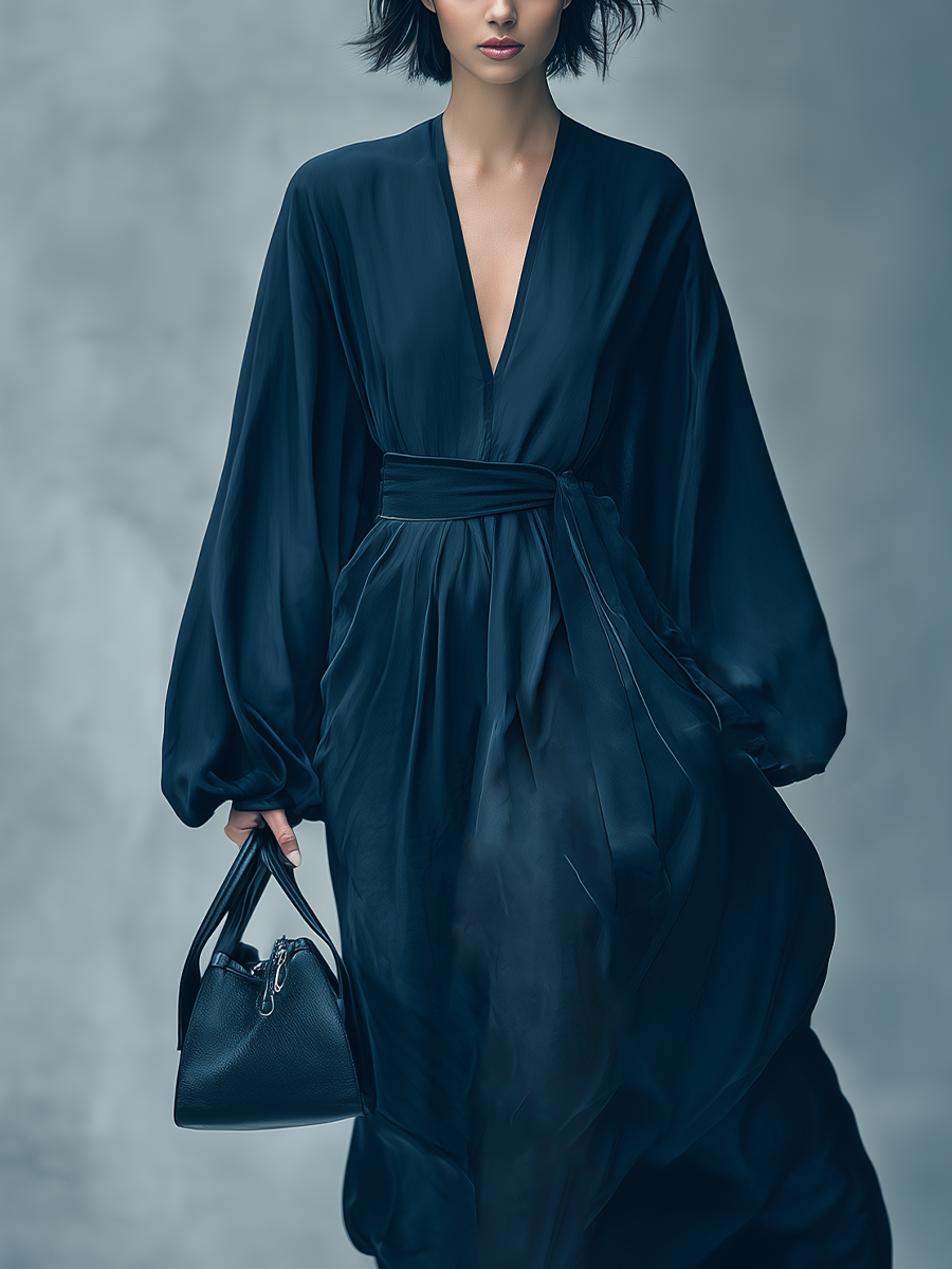 Women's Navy Blue Cotton Blend Deep V-neck Puff Sleeve Belted Long Dress MDA0951L9T