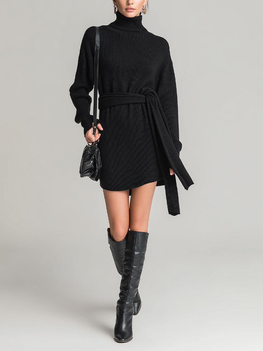 Women's Black Rib-Knit Chic Turtleneck Tie-Waist Sweater Dress MDA0114K4I