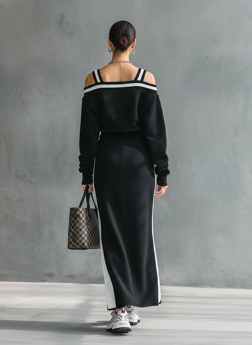 Women's Minimalist Off-Shoulder Long-Sleeve Sweatshirt & Straight Skirt Set MDZ1209E6Y