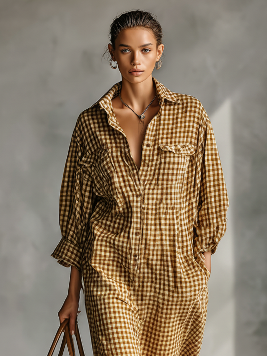 Women's Minimalist Plaid Button-down Lapel Maxi Dress MDA1636J0Y