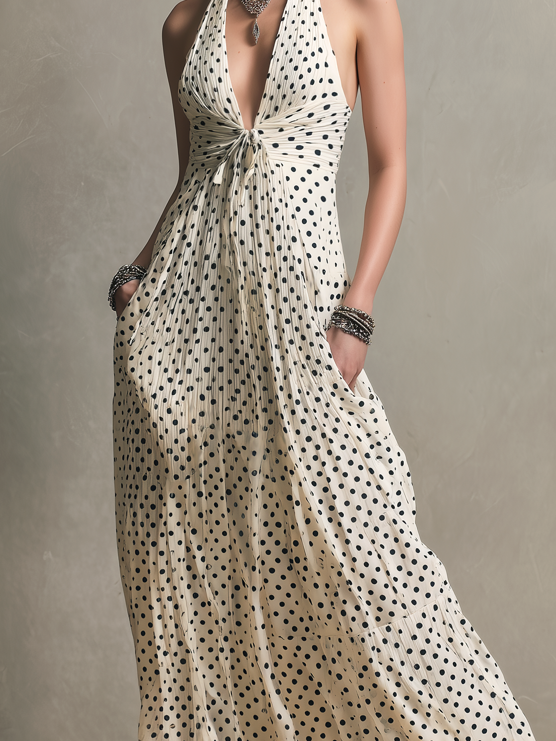 Women's Elegant Black And White Polka Dot Woven Halter Neck Sleeveless Long Dress MDZ2612B4AN