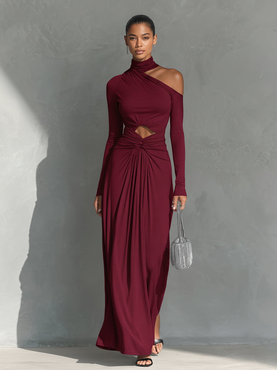 Women's Burgundy Glamorous Jersey One - Shoulder Cutout Ruched Maxi Dress MDA1640J9I