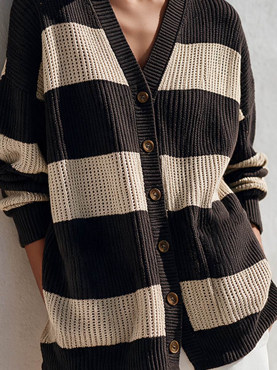 Women's Color-Block Striped V-Neck Knit Cardigan MDZ0153I4ZRK