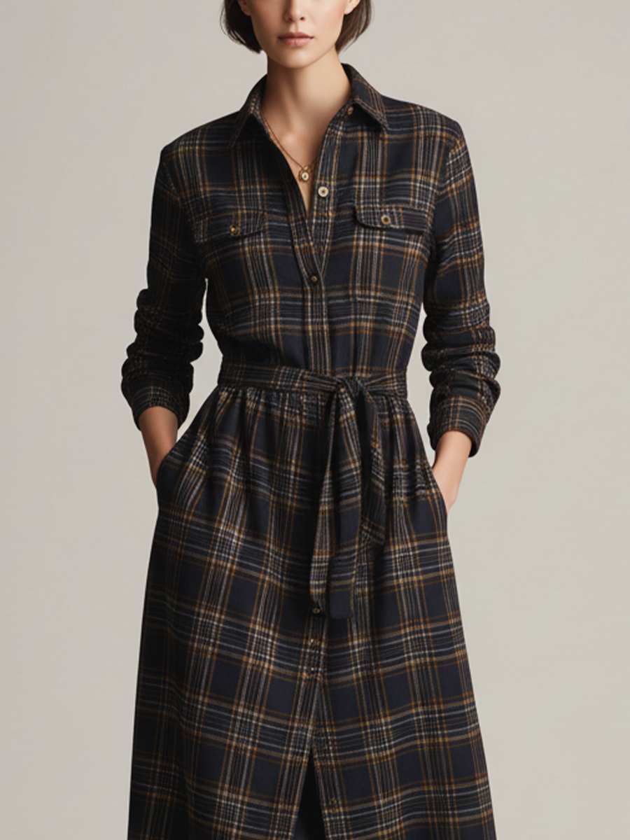 Women's Navy Blue Plaid Tweed Maxi Dress With Fitted Waist MDA3166J6T