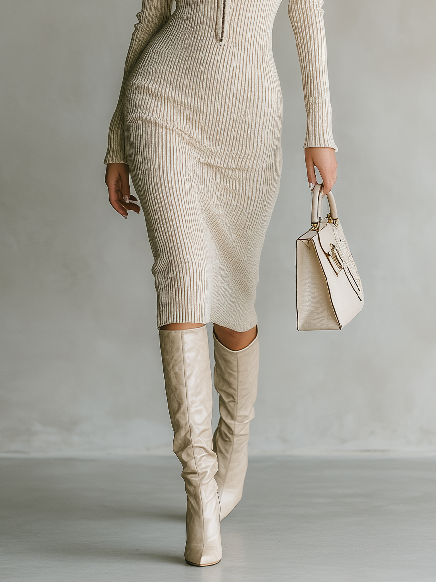 Women's Beige Knitted Zipper High Neck Midi Dress MDA1208H9T