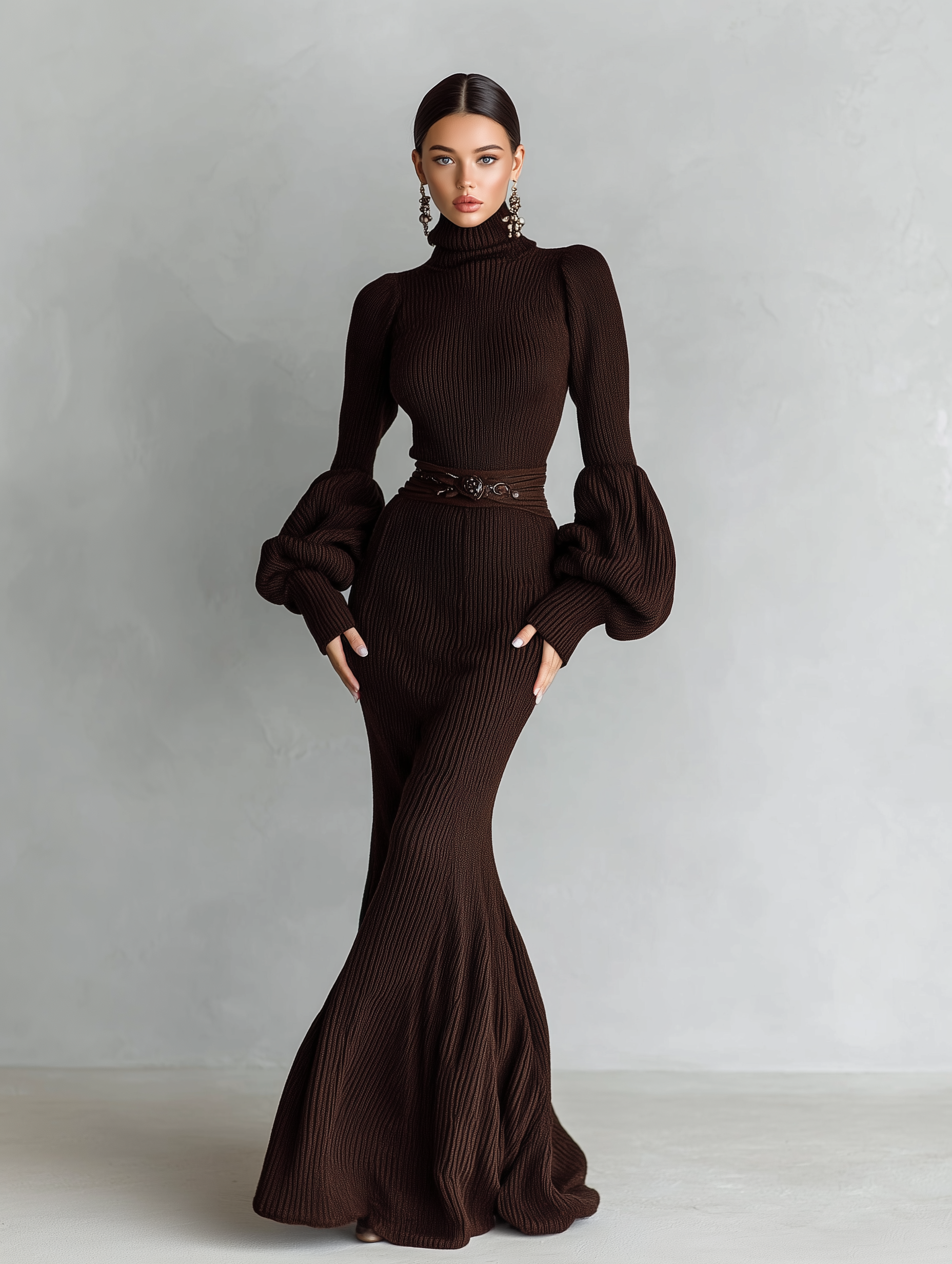 Women's Elegant Dark Brown Knitted Turtleneck Long-sleeved Slim-fit Maxi Dress (without Belt) MDA1829L8AN