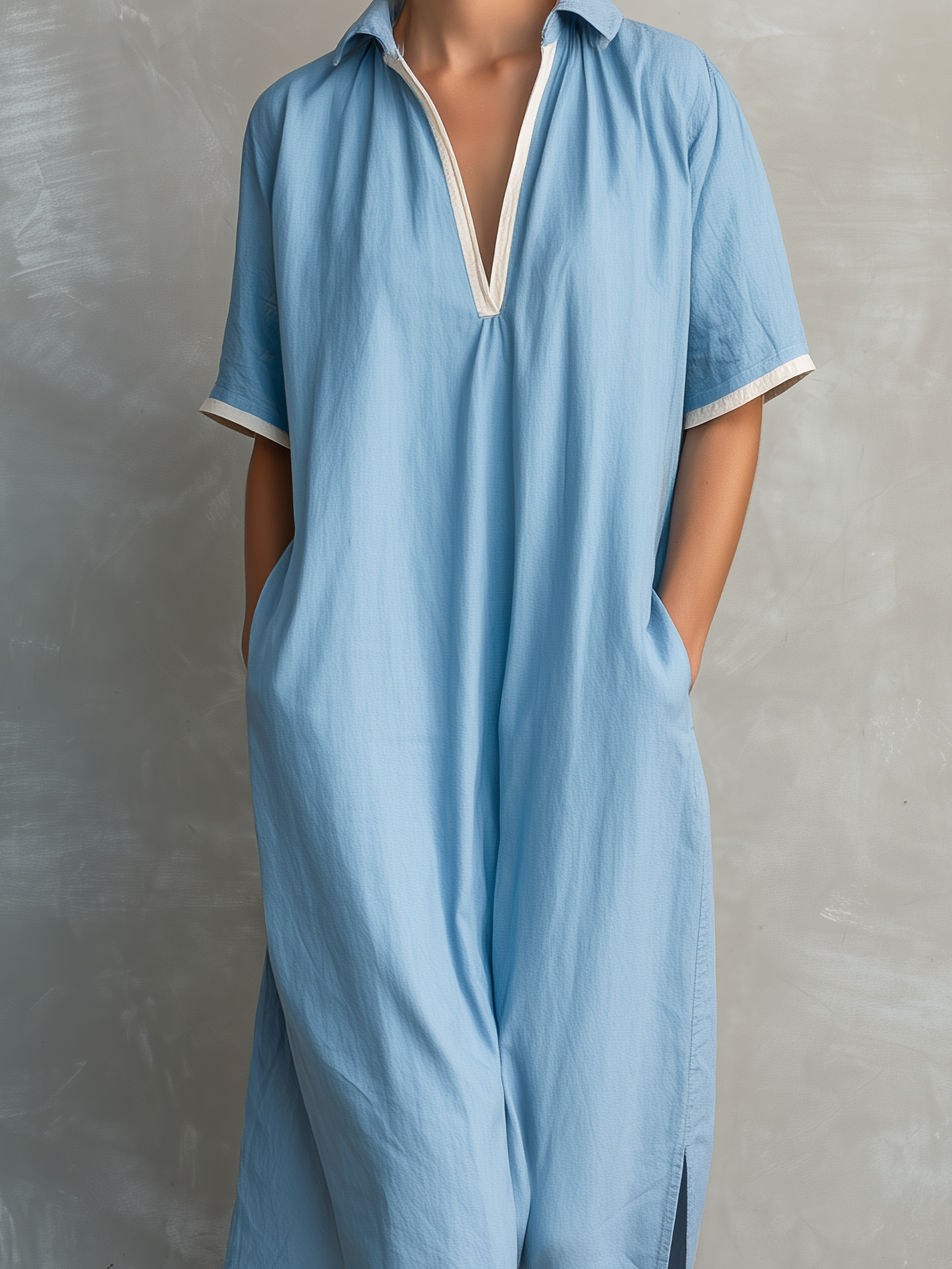 Women's Casual Light Blue Cotton Linen Shirt Collar Loose Short-sleeved Long Dress MDZ2623B5AN