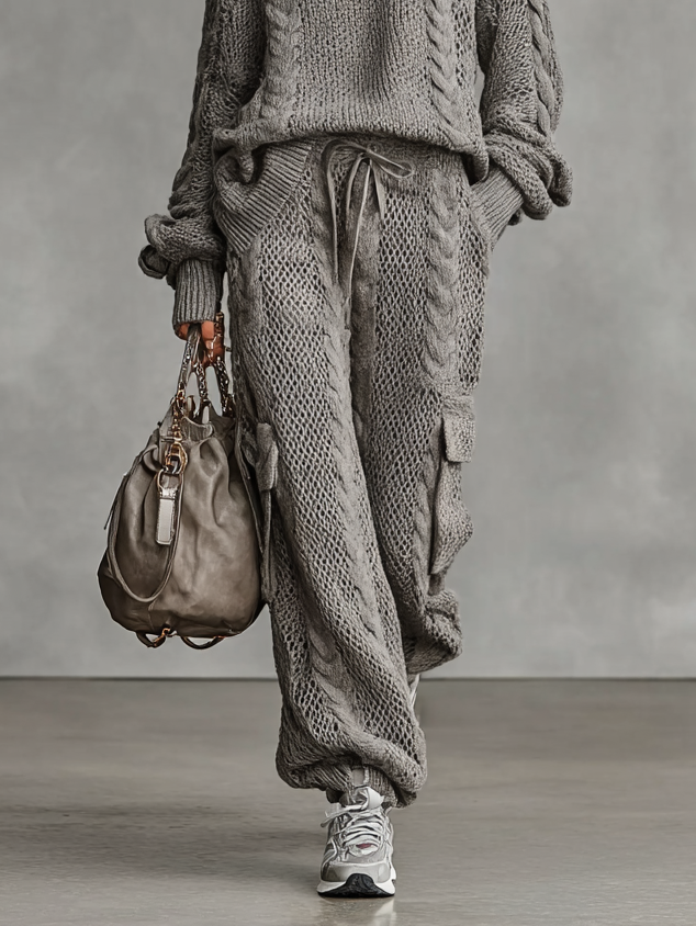 Women's Casual Cable Knit Turtleneck Sweater Cargo Pants Set MDA0958I2Y