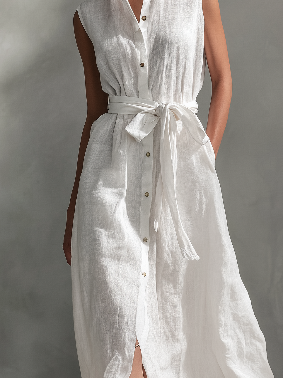 Women's Elegant White Cotton And Linen Blend Round Neck Sleeveless Maxi Dress MDA2920L9AN