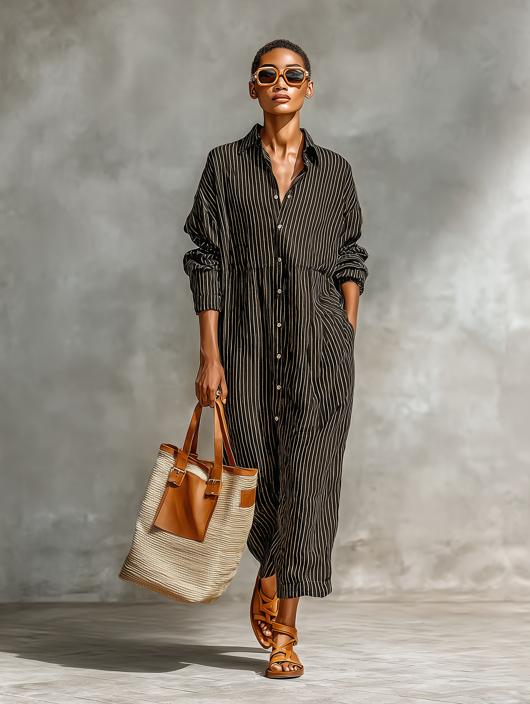 Women's Fashionable Black And White Striped Loose Woven Long-sleeved Shirt Dress MDA1564L5AN