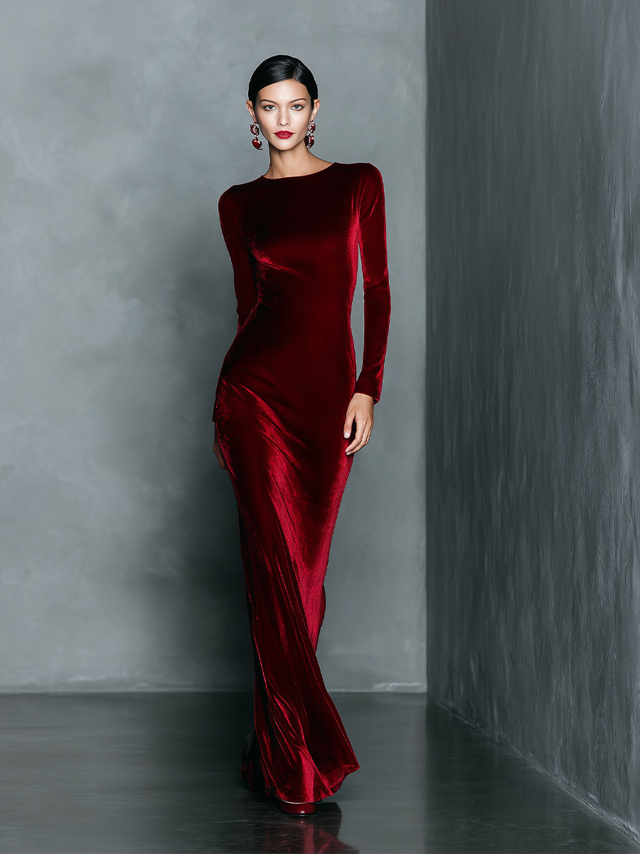 Women's Burgundy Glamorous Stretch Velvet Bodycon Maxi Dress MDA1015I1I