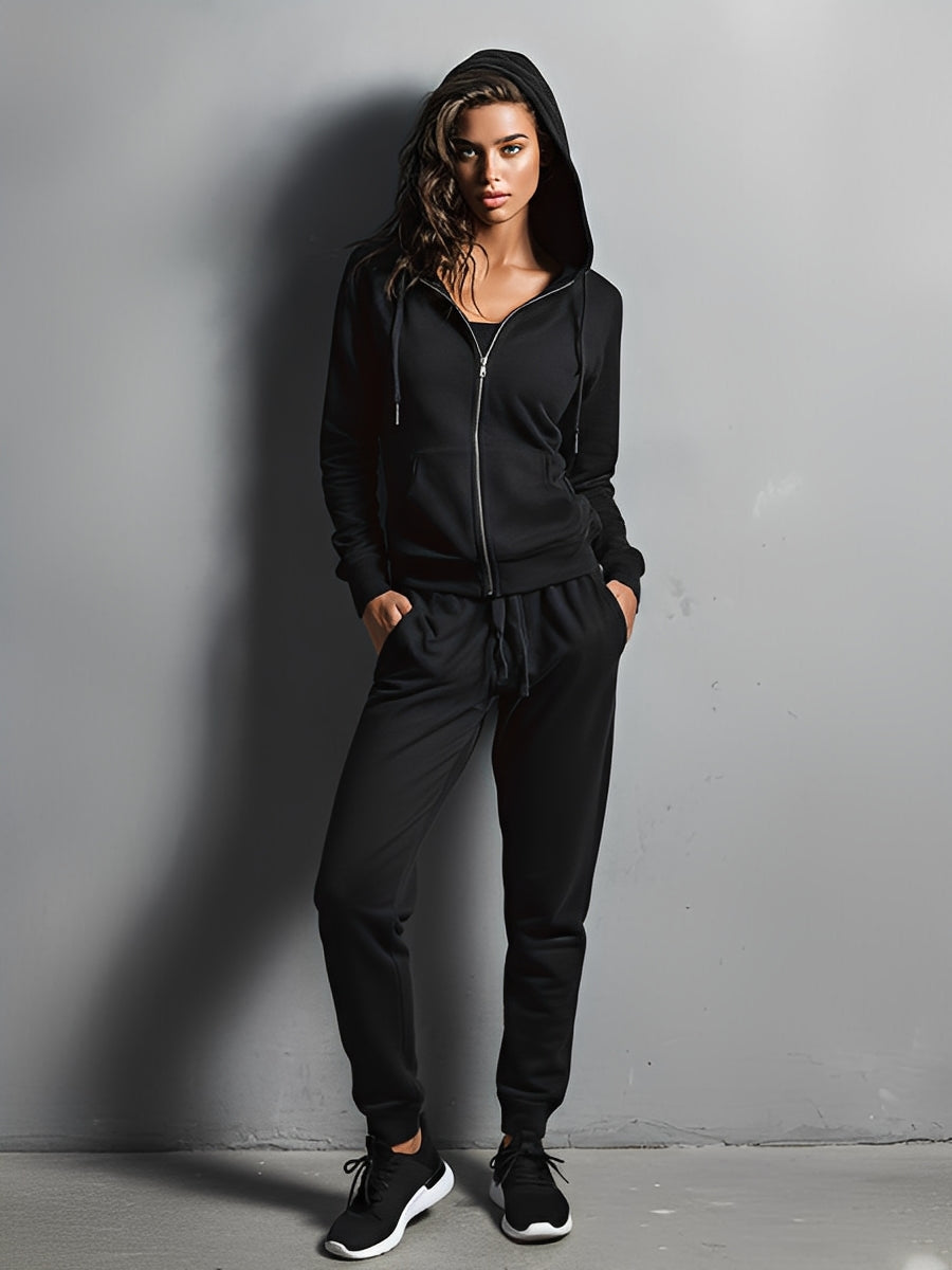 Women's Black Cotton-Blend Athleisure Set With Hooded Jacket & Cuffed Pants, Effortless Street Style Set MDA0342K5I