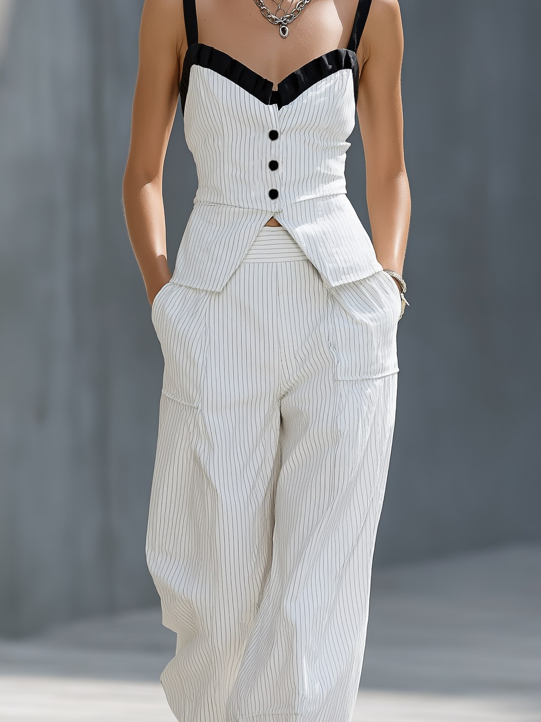 Women's Elegant White Woven Striped Sleeveless Camisole Top Paired With Loose-fitting Trousers Set MDZ2577B7AN