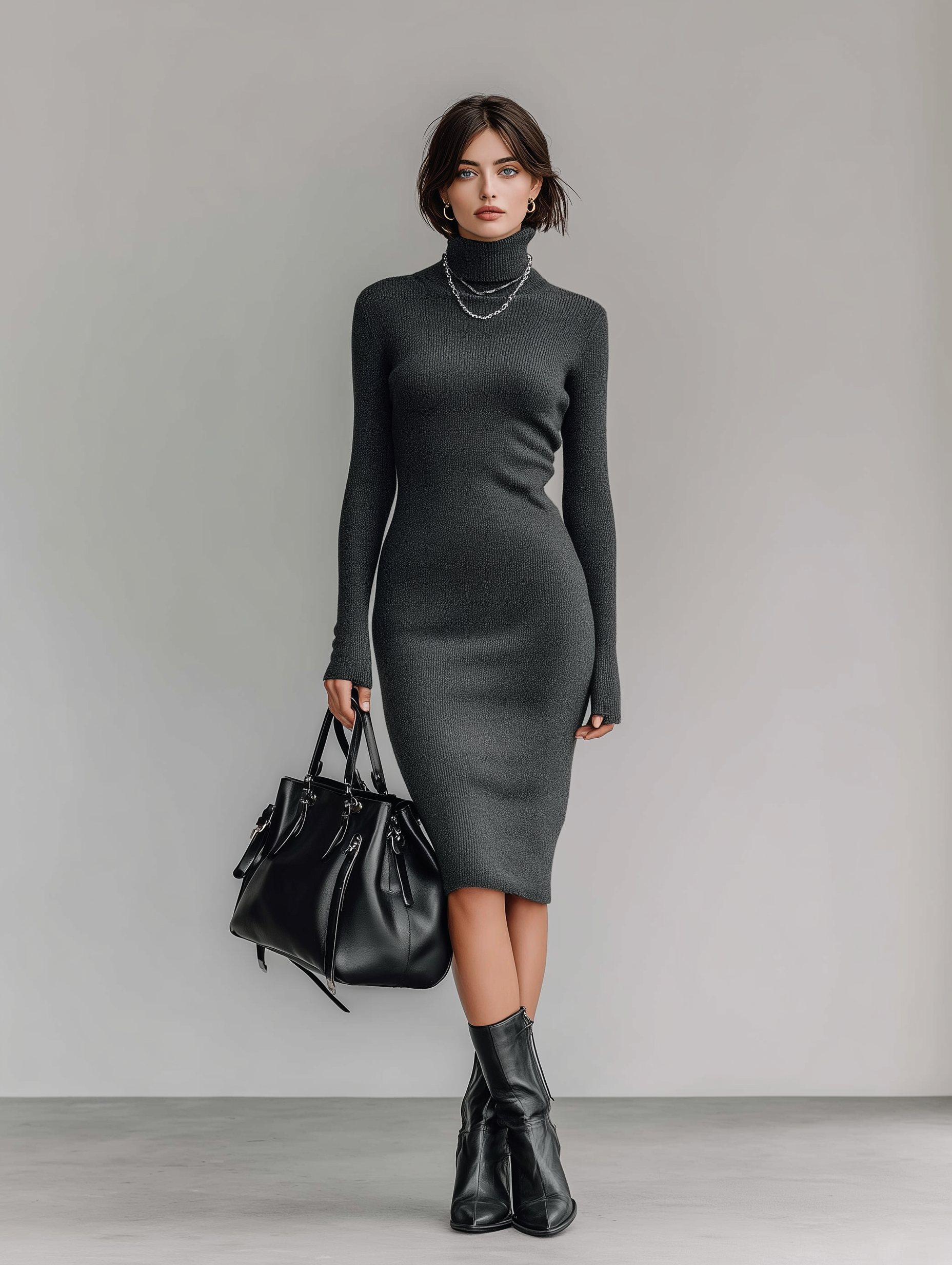 Women's Elegant Gray Turtleneck Knit Long-sleeved Slim-fit Midi Dress MDA1540L5AN