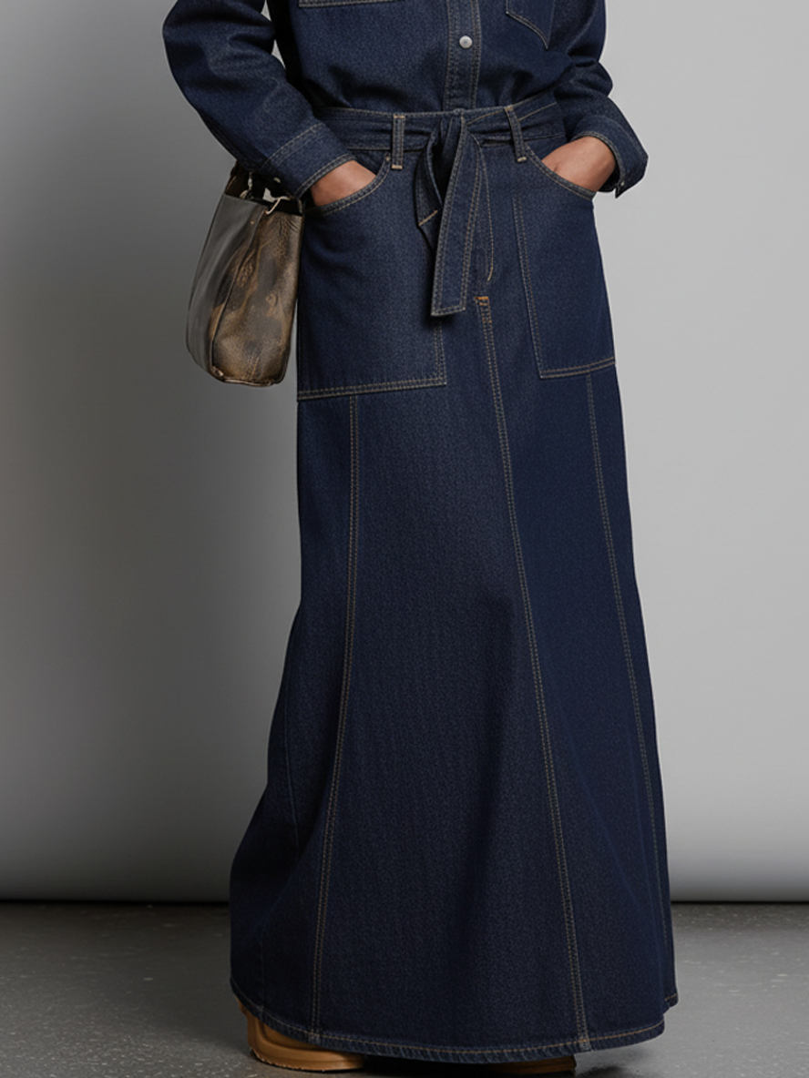 Women's Raw Denim Shirt And Long Skirt Set MDA1727K8Y