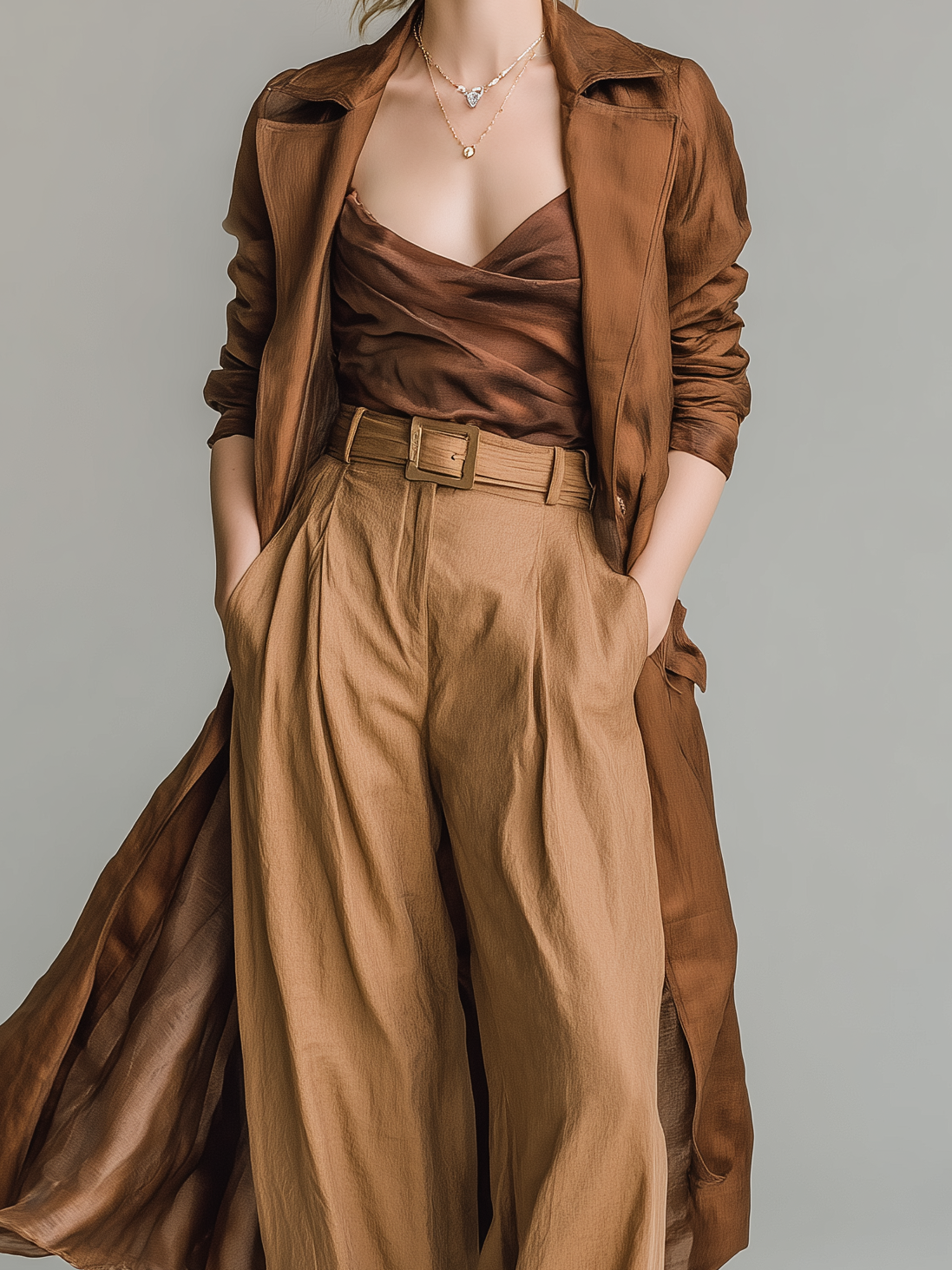 Women's Fashionable And Elegant Brown Glossy Satin Long-sleeved Trench Coat MDA2752K8AN