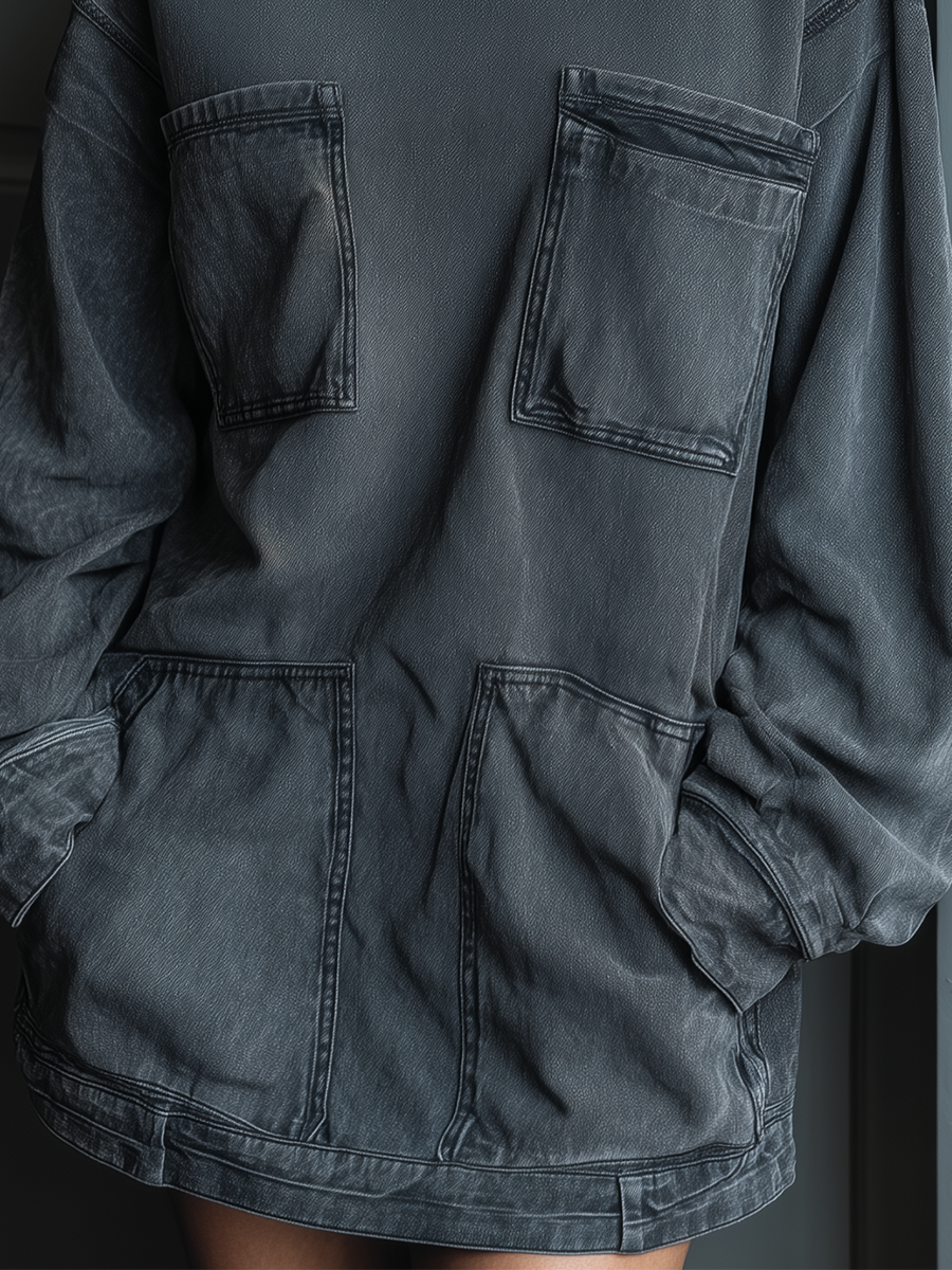 Women's Charcoal Gray Denim Cargo Pocket Long-sleeved Mini Dress MDA2449K9T