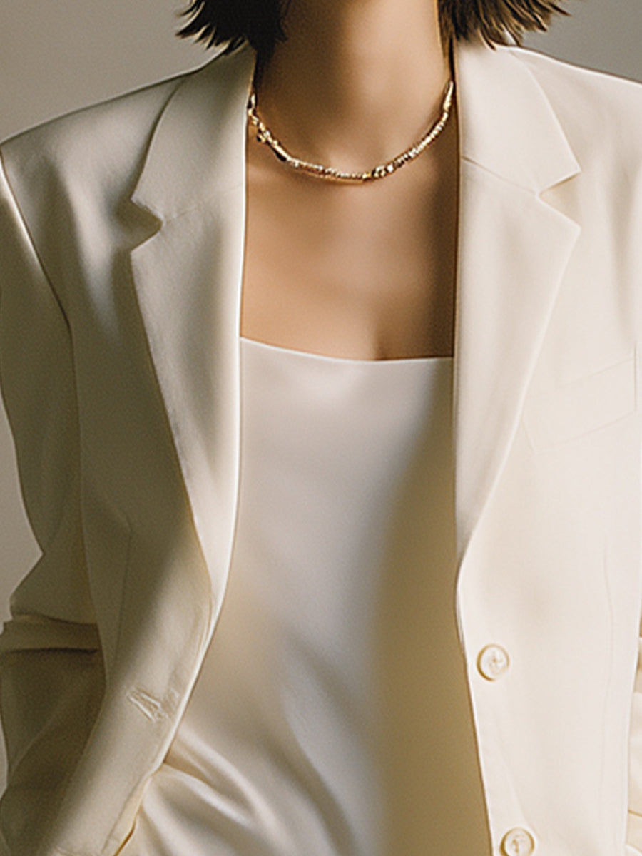 Women's Ivory Satin Loose Buttoned Blazer MDA2905K9I