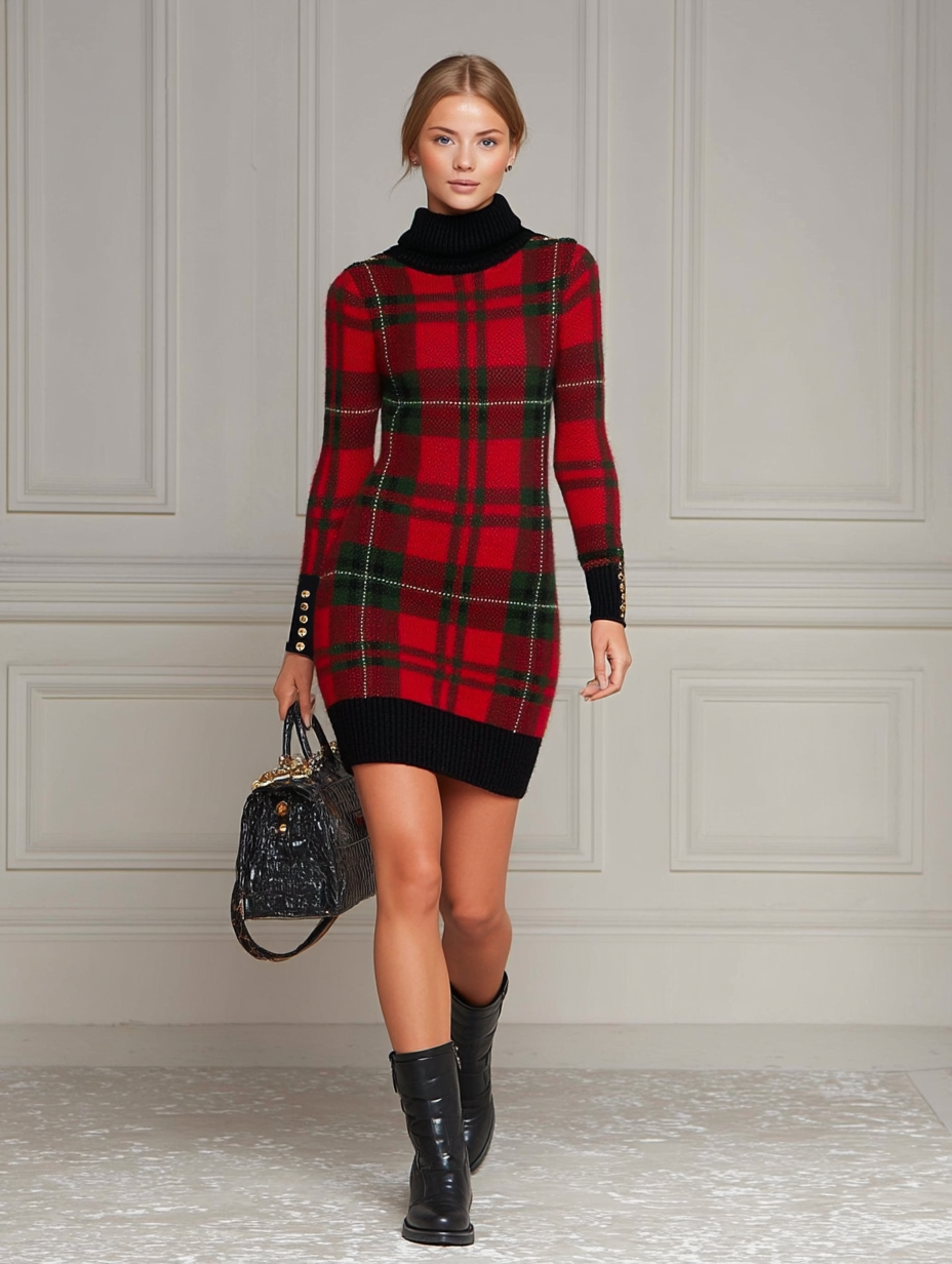 Women's Slim Fit Check Jacquard Knit High Neck Mini Dress MDA1591J3Y