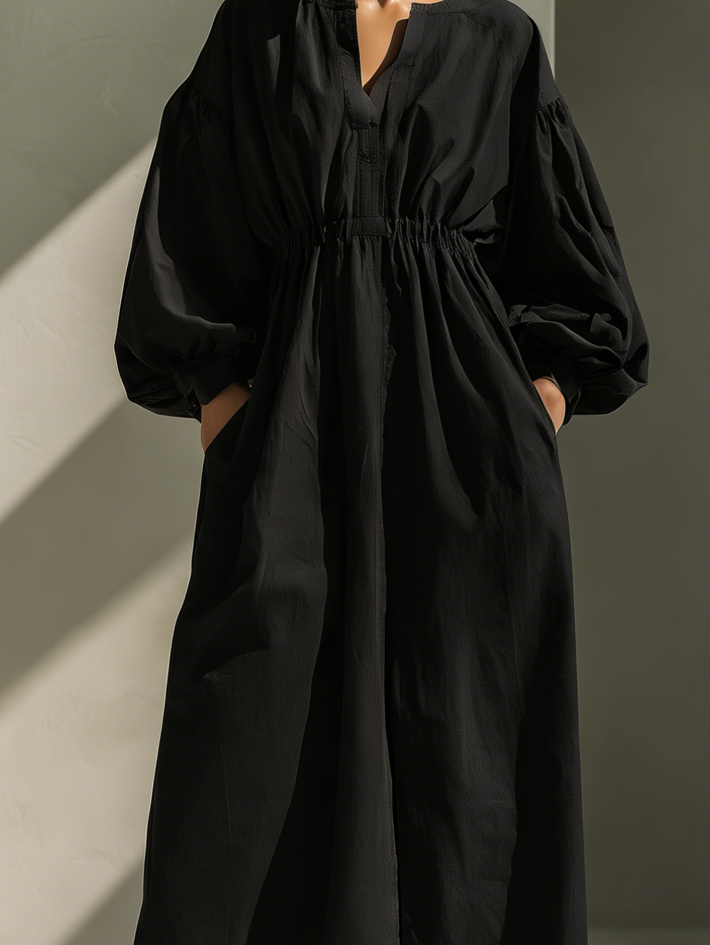 Women's Casual Black Cotton And Linen V-neck Loose Long-sleeved Maxi Dress MDZ1224A6AN