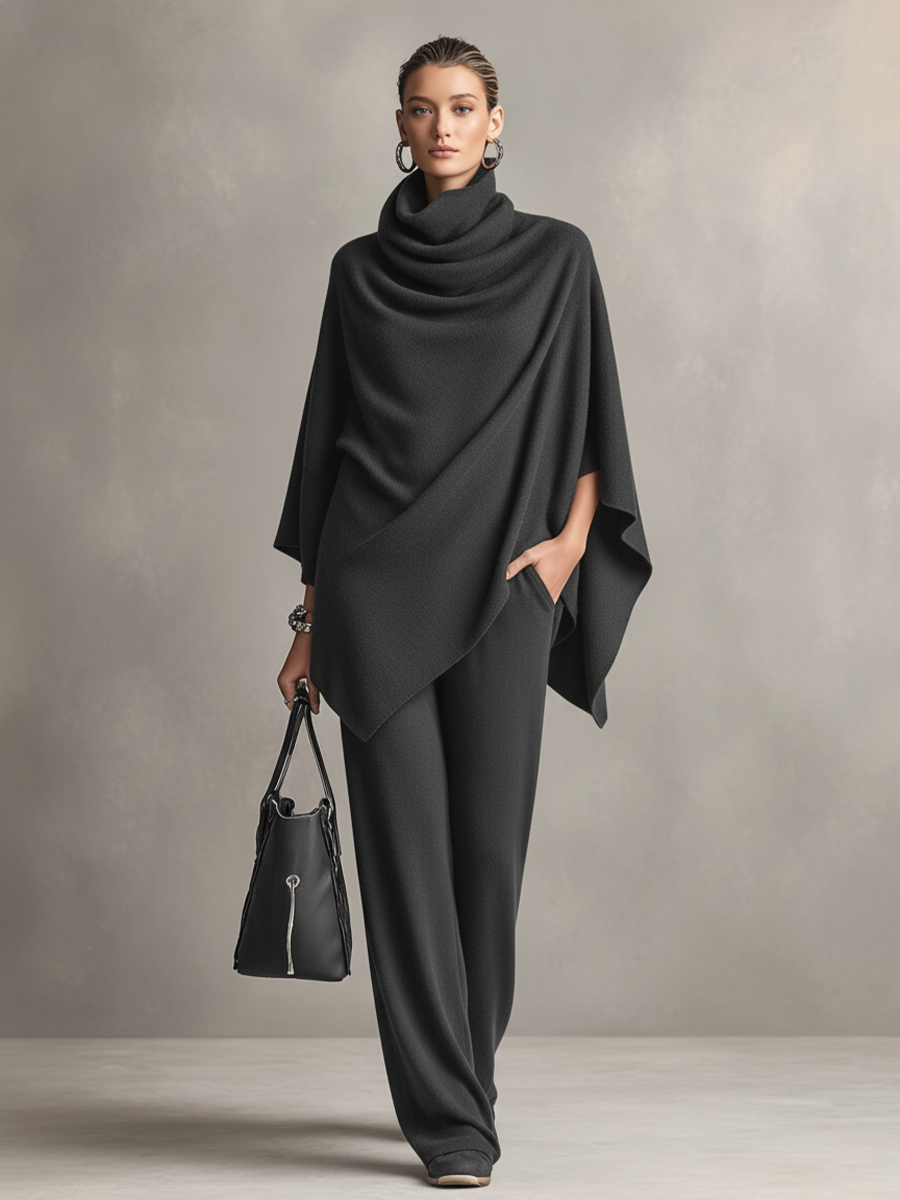 Women's Charcoal Cotton-Blend Textured Fabric Chic Cowl-Neck Capelet Wide-Leg Pant Set MDA2007K0I