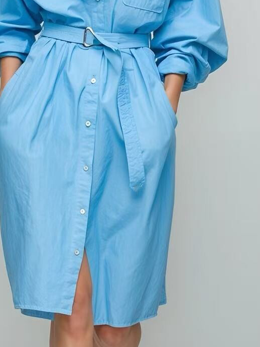 Women's Casual Yet Sophisticated Light Blue Loose-fitting Shirt Dress With A Waist Tie MDA0733K9AN