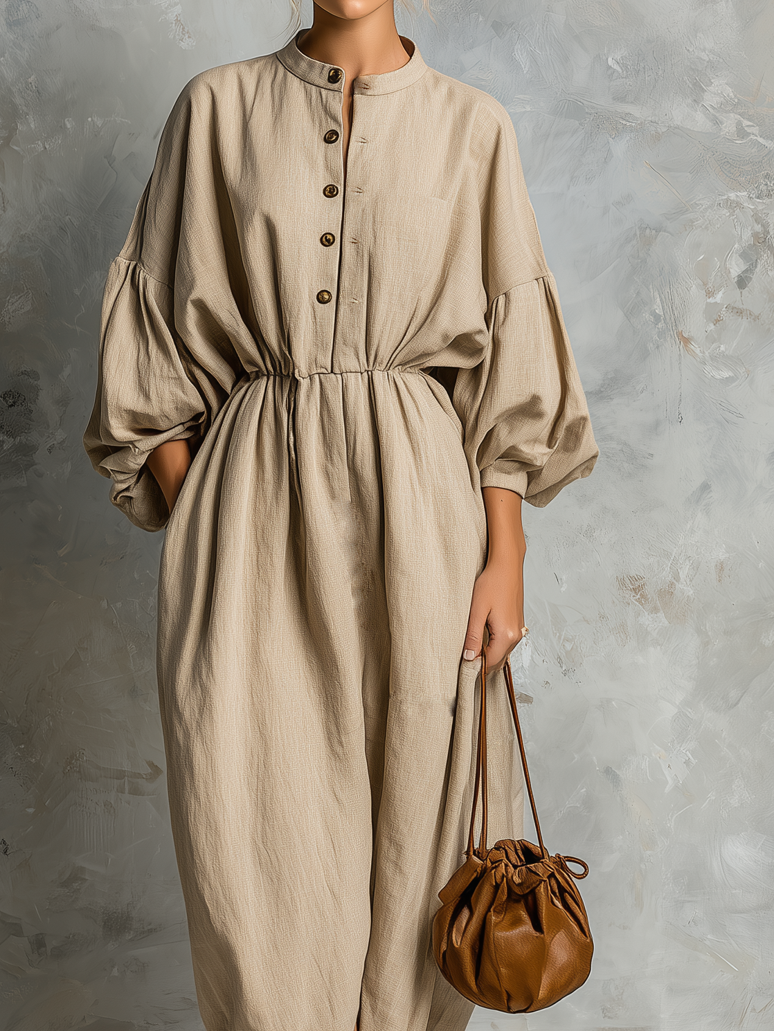 Women's Casual Khaki Cotton-linen Woven Fabric Round Neck Loose Long-sleeved Dress MDA1538L1AN
