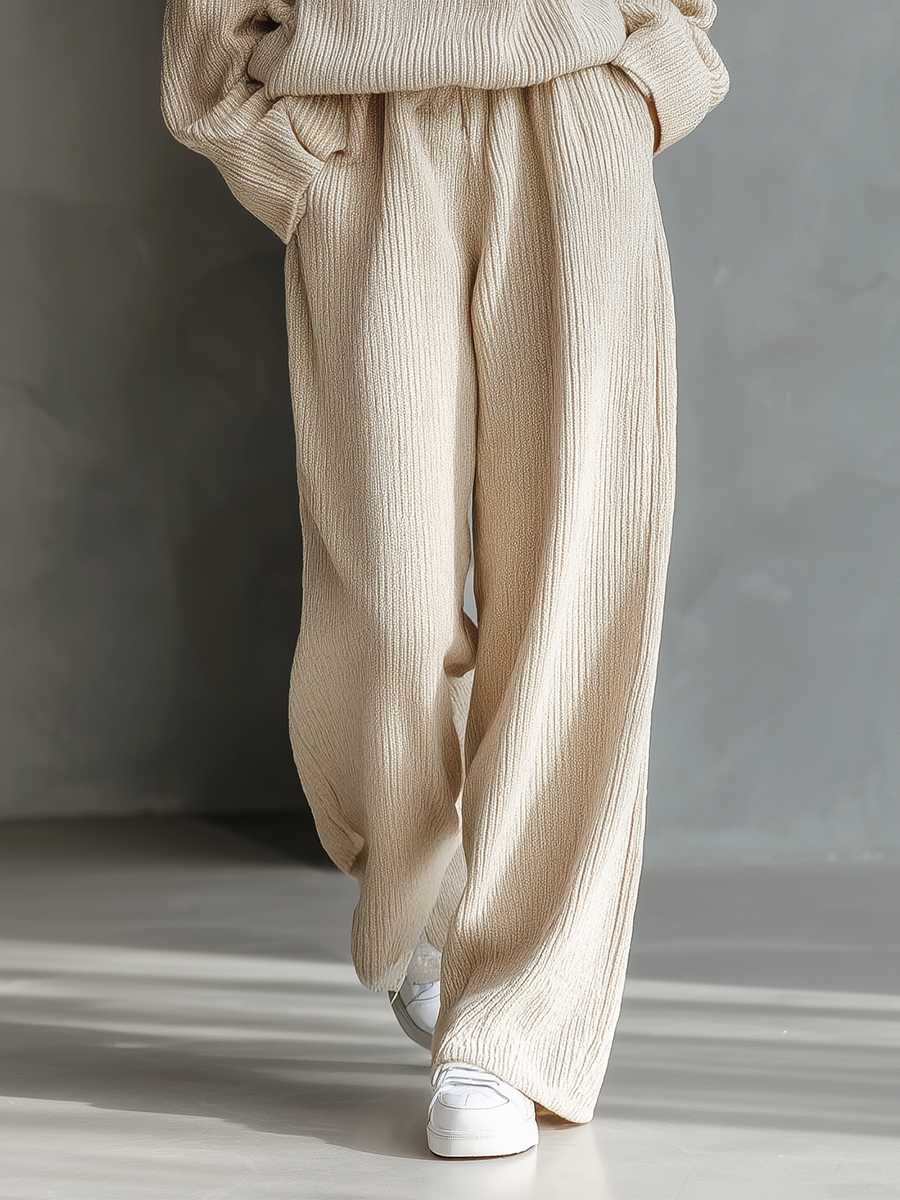 Women's Beige Knitted Turtleneck Loose Sweater And Wide-leg Pants Set MDA0613K1T