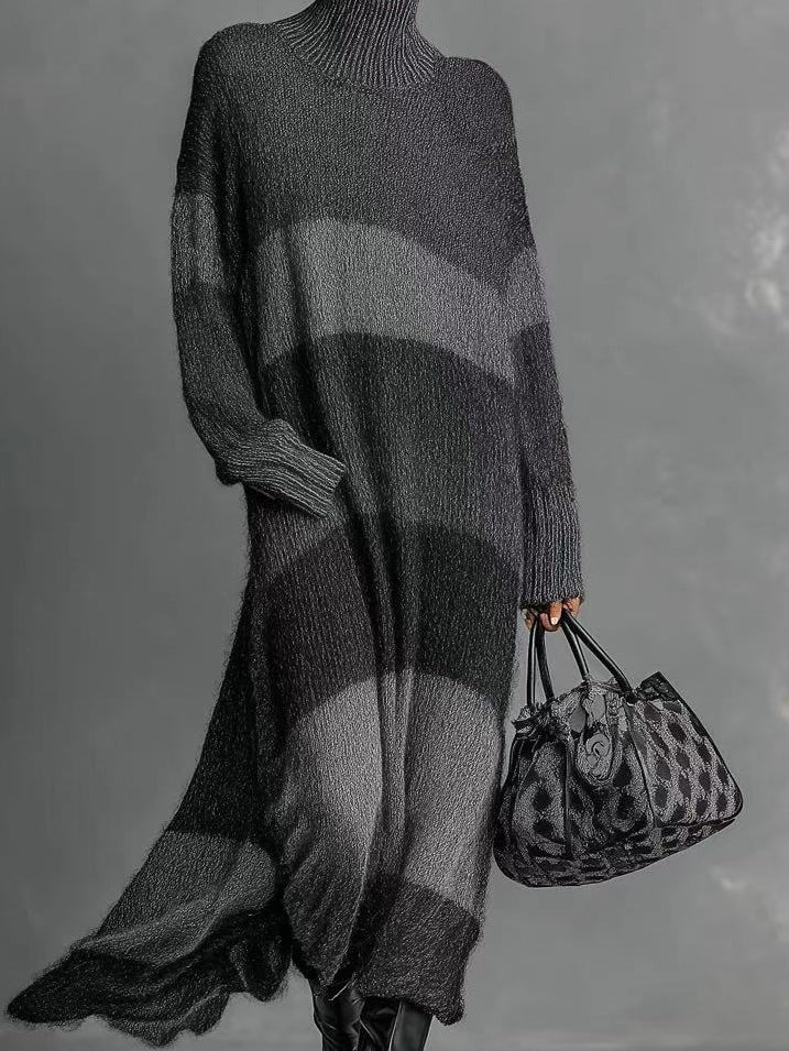 Women's Elegant And Stylish Black And Gray Striped High-neck Long-sleeved Mohair Knit Dress MDA2755K2AN