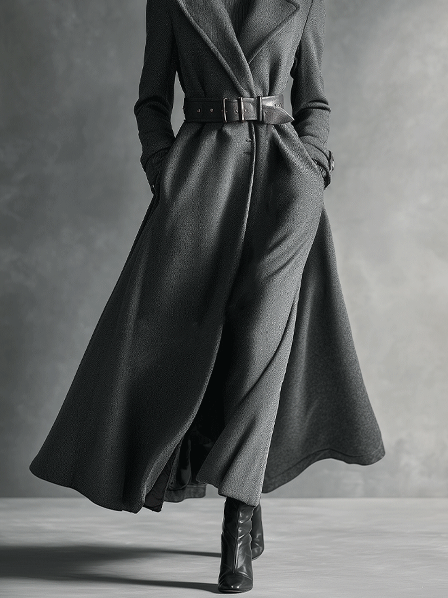 Women's Grey Elegant Wool Blend Peaked Lapel Tie-Drawn Maxi Coat MDA0377I5I